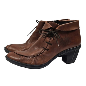 Rieker Antistress Rebecca Brown Leather Side Zip Lace Up Block Heel Ankle Bootie